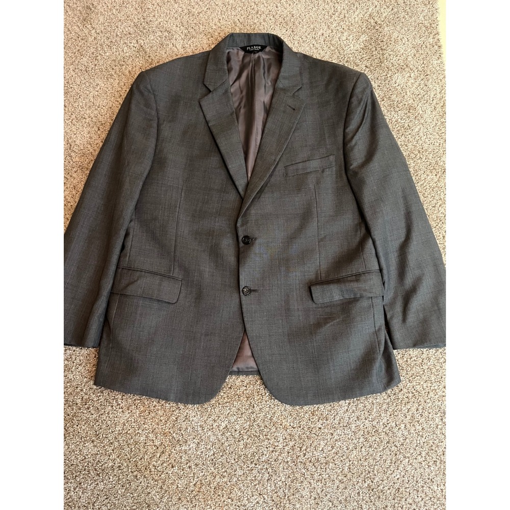 Jos A Bank Men Suit Jacket 46S Gray Plaid Wool Silk 2-Button Blazer Flap Pockets